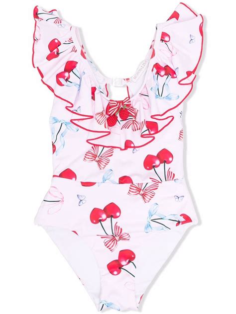 Shop Monnalisa Ruffled Cherry Print Swimsuit With Express Delivery