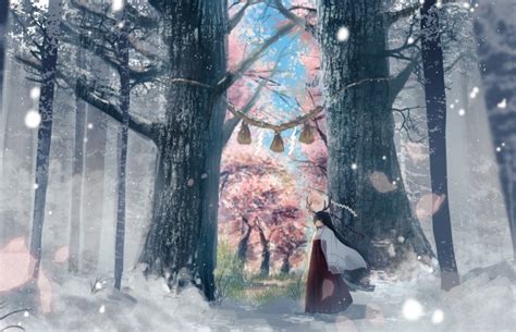 Wallpaper Anime Forest Scenic Snow Miko Anime Girl