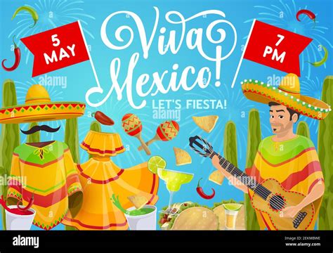 Mexican Holiday Mariachi With Guitar Sombrero And Maracas Cinco De Mayo Fiesta Party Vector