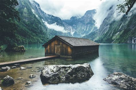 Nature Landscape Lake Boathouses Germany Mountain Forest Clouds