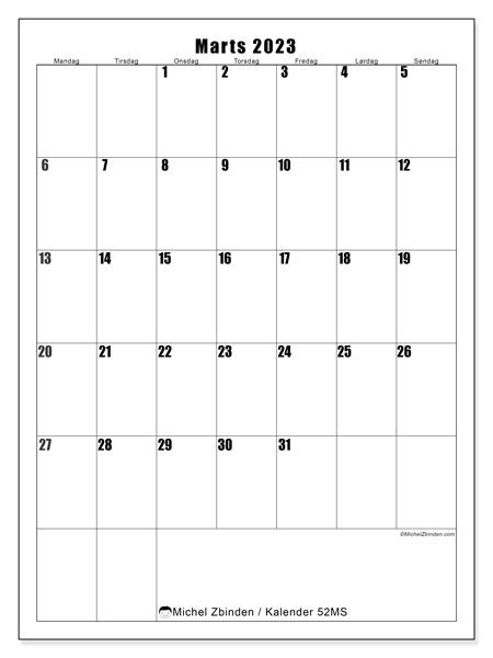 Kalender marts 2023 Højformat MS Michel Zbinden DA