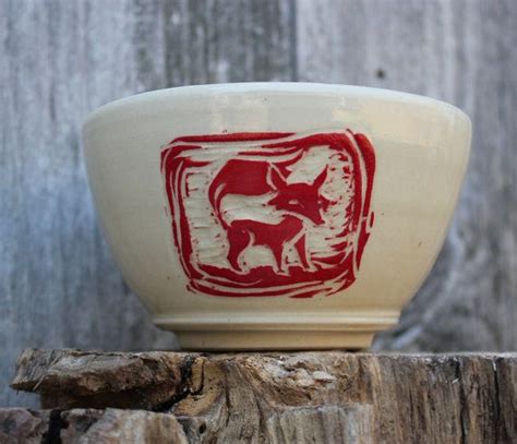 Reserved For Julie Red Sgraffito Fox Bowl I By Mudlarkpottery 2800