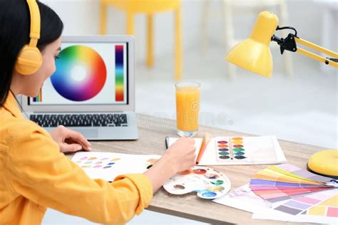 Female Designer Working At Desk Stock Image Image Of Interior