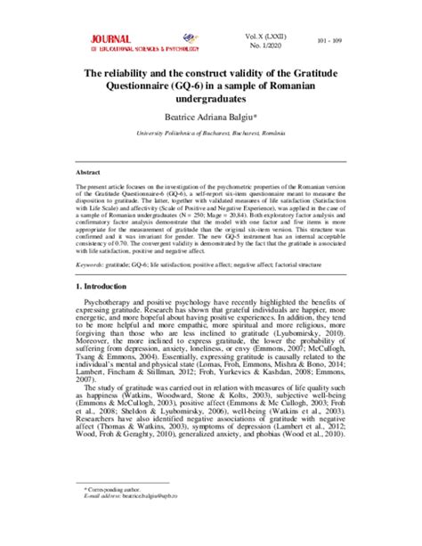 Pdf The Reliability And The Construct Validity Of The Gratitude