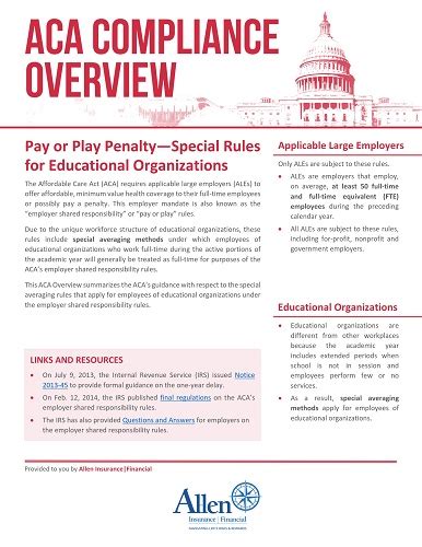 Health Care Reform Pay Or Play Penalty Special Rules For Educational