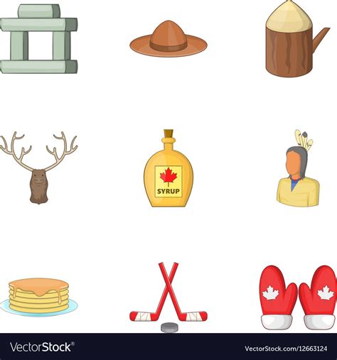 In addition to a bough of maple leaves on a. Canadian symbols icons set cartoon style Vector Image