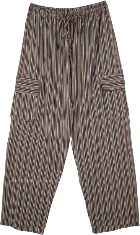 Khaki Striped Cotton Unisex Boho Pants With Pockets Beige Split