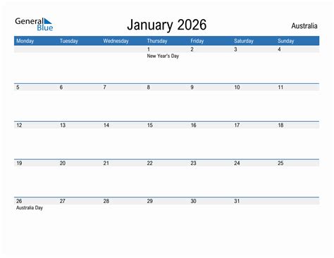 Editable January 2026 Calendar With Australia Holidays