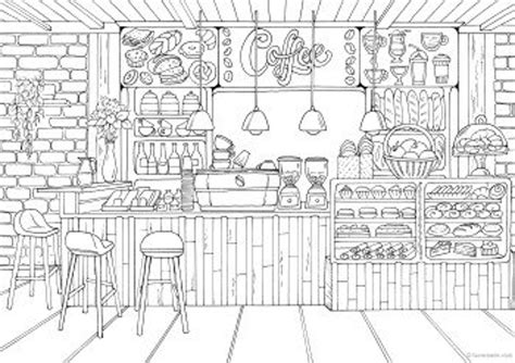 Coffee Shop Printable Adult Coloring Page From Favoreads Etsy