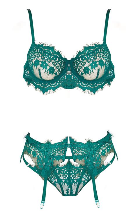 Emerald Green Floral Lace Binding Detail 3 Piece Lingerie Set