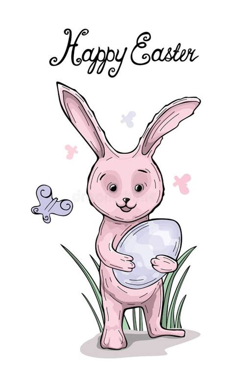 Happy Easter Pink Bunny Holding An Egg In Its Paws Stock Vector