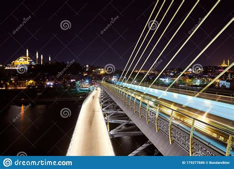 Ataturk Metro Bridge And Golden Horn At Night Istanbul Turkey Stock