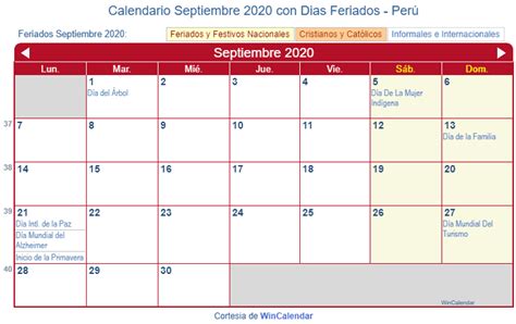 Calendario Septiembre 2020 Para Imprimir Perú