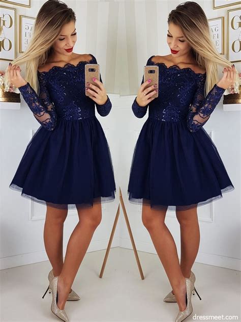 Cute A Line Off The Shoulder Long Sleeves Navy Short