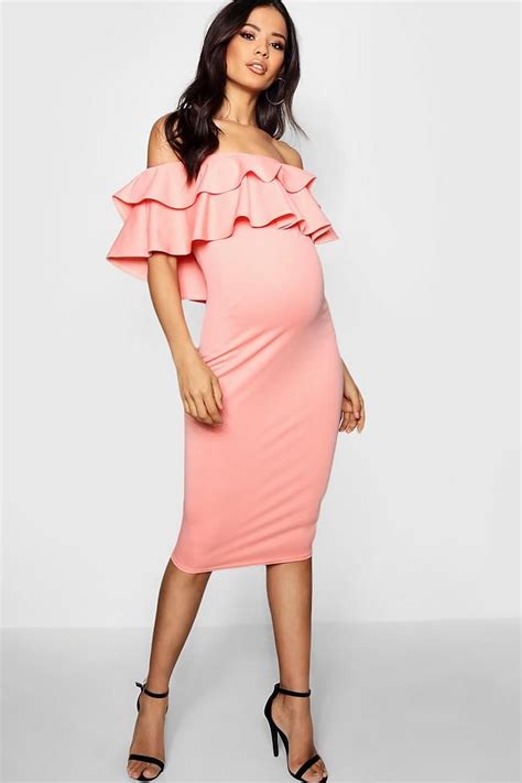 maternity ruffle off the shoulder midi dress boohoo stylish maternity outfits pink