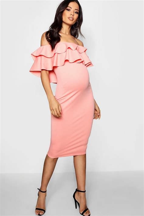 Maternity Ruffle Off The Shoulder Midi Dress Boohoo Stylish Maternity Outfits Pink