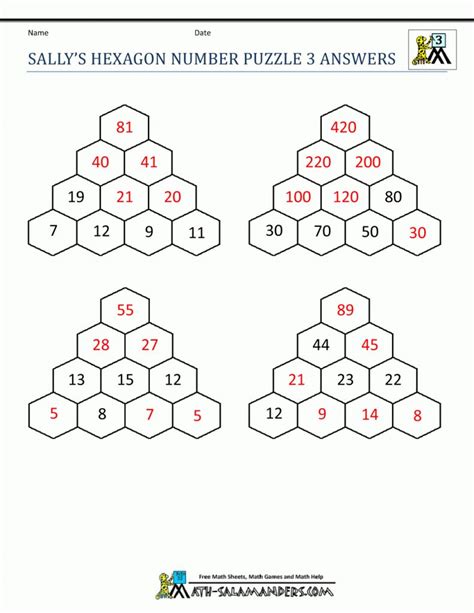 This is a comprehensive collection of math worksheets for grade 3, organized by topics such as addition, subtraction, mental math, regrouping, place value, multiplication, division, clock, money, measuring, and geometry. Math Puzzle Worksheets 3Rd Grade - Printable Hexagon Puzzle | Printable Crossword Puzzles