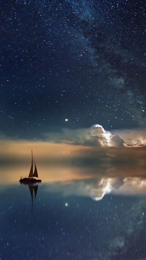 Download Wallpaper 1440x2560 Starry Sky Boat Reflection Sail Night