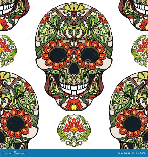 Seamless Pattern Background With Sugar Skull And Floral Patter Stock