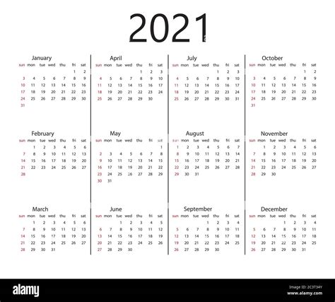 Calendario 2021 La Semana Comienza El Domingo Ilustración Vectorial