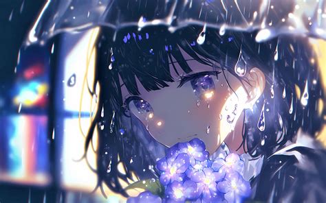 Download Wallpaper 2560x1600 Girl Glance Flowers Rain Anime