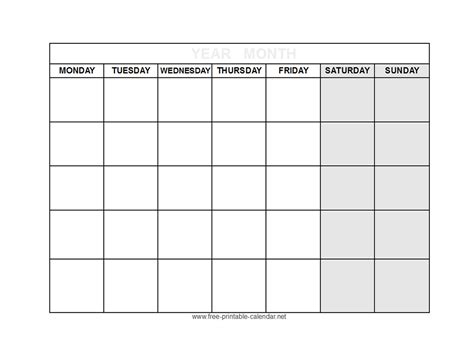 Monthly Calendar No Weekends Printable Blank Calendar