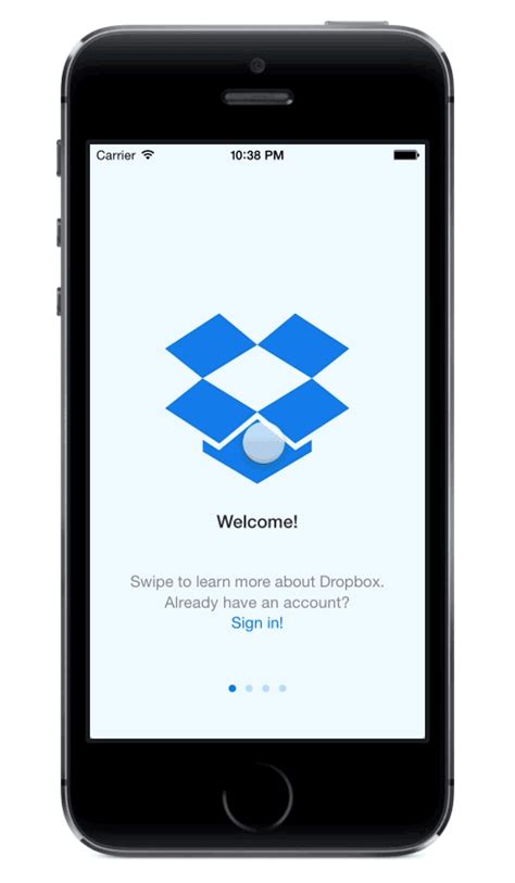 The iphone app has a clean and simple interface. Dropbox mobile NUX | Iphone apps, Onboarding, Dropbox