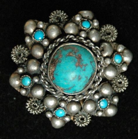 Southwest Us Native Turquoise And Silver Broach Turquoise