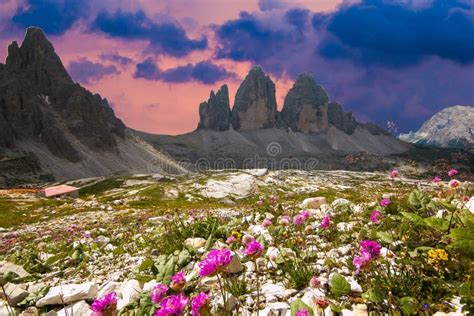 Amazing View Of The Three Peaks Of Lavaredo On Sunset Time National