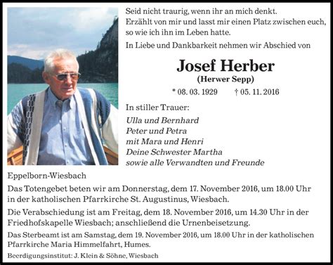 Traueranzeigen Von Josef Herber Saarbruecker Zeitung Trauer De