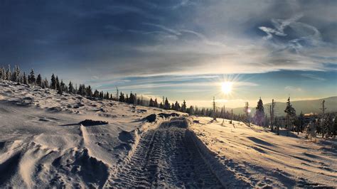 1920x1080 Photo Frost Road Picture Winter Sky Snowdrifts Slope