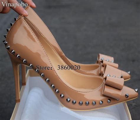 Nude Color Rivets High Heels Patent PU Leather Exclusive Brand Bow Knot