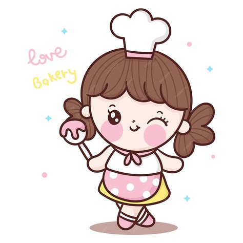 Desenho Animado De Uma Chef Linda Garota Cozinhando Doces Segurando Uma