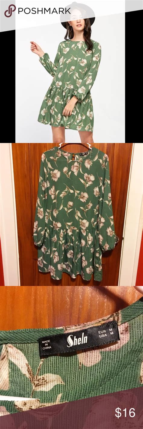 Shein Green Floral Dress Embroidered Mesh Dress Long Sleeve Tee