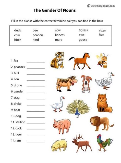 Understanding the basics of english, grammar and use of alphabets are the major areas of concern for class 3. Kids Pages - Nouns Gender - Animals | Animal worksheets ...