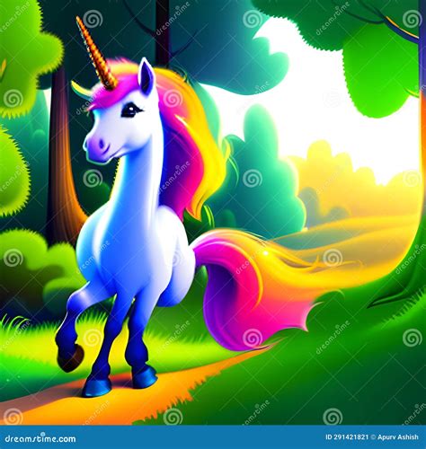 Happy Rainbow Unicorn In A Magical Forest Stock Illustration