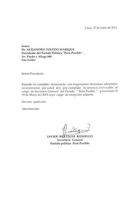 Carta De Renuncia De Javier Reátegui By Luis Santolalla Issuu