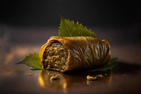 Premium AI Image A Piece Of Baklava With A Leaf On It