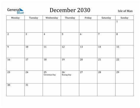 December 2030 Monthly Calendar With Isle Of Man Holidays