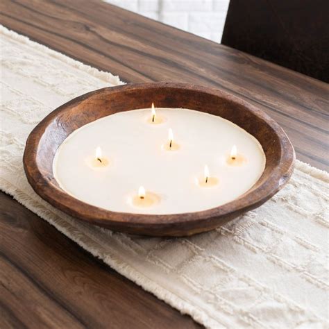 Large Hand Carved Spanish Oak Round Wooden 6 Wick Soy Candle Bowl In