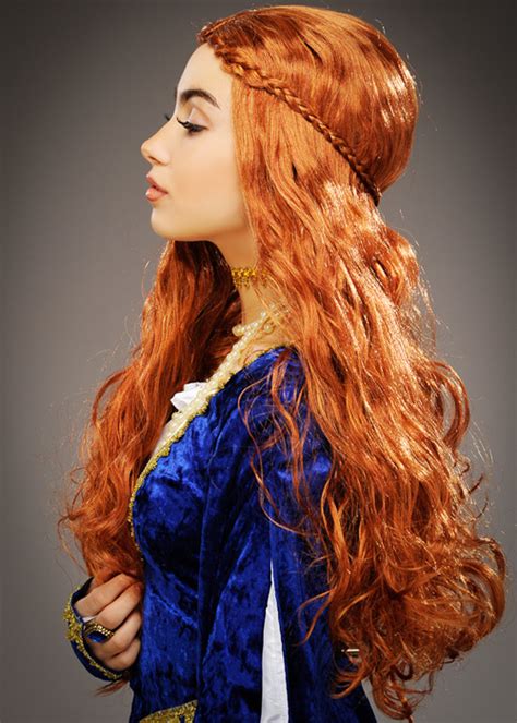 Womens Long Curly Auburn Medieval Princess Wig