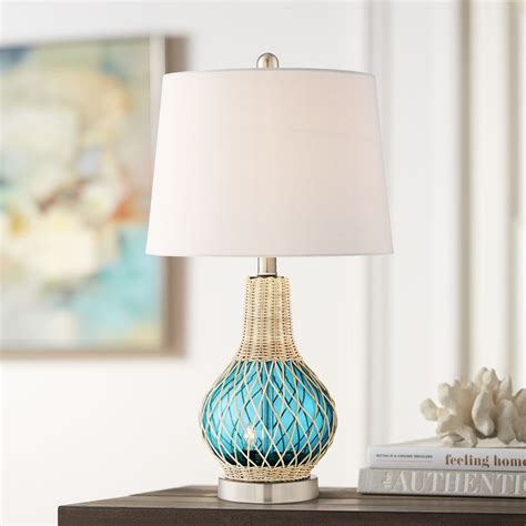 360 Lighting Coastal Accent Table Lamp With Nightlight Led Rope Blue Glass Gourd White Fabric