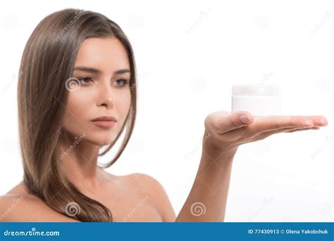 Beautiful Woman Presenting Cosmetic Product Stock Image Image Of Human Holding 77430913