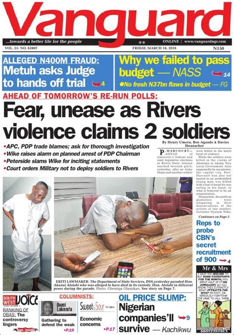 Newspaper Vanguard Nigeria Newspapers In Nigeria Fridays Edition