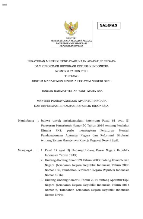 BKPP Permenpan RB Nomor 8 Tahun 2021 Tentang Sistem Manajemen Kinerja