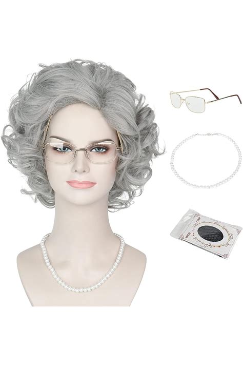 miss u hair old lady wig costume set grandma wig granny glasses pearl necklace 3pieces part