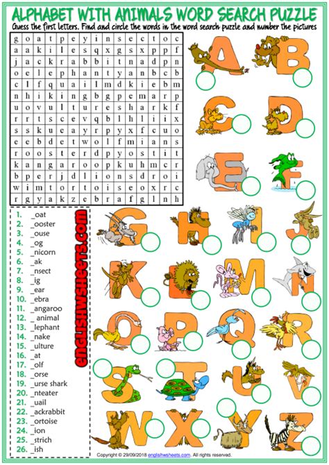 August 31, 2022 puzzle answers: Alphabet with Animals ESL Word Search Puzzle Worksheet