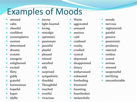 Examples Of Moods Mood And Affect Chart Words Mcascidos