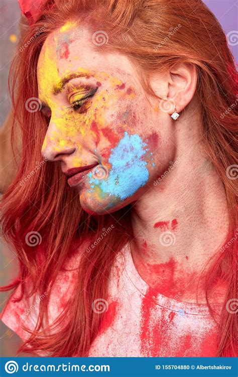 Colorful Female Face Profile Of Beautiful Woman With Painting Smears