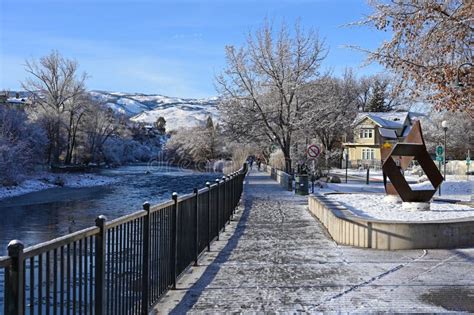 Truckee River Walk In Reno Nevada In Early Morning After Snowstorm